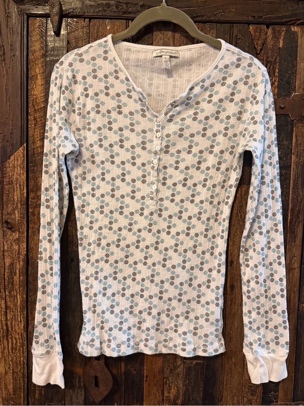 Aeropostale Women’s Large Floral Thermal Henley Long Sleeve Top Y2K Blue Gray